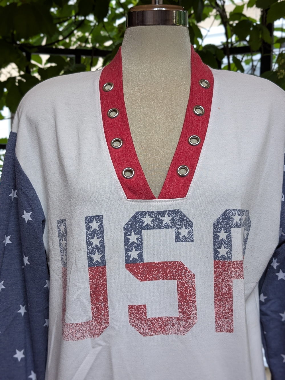 USA Star-Print V-Neck Top with Grommet Trim - Red, White & Blue